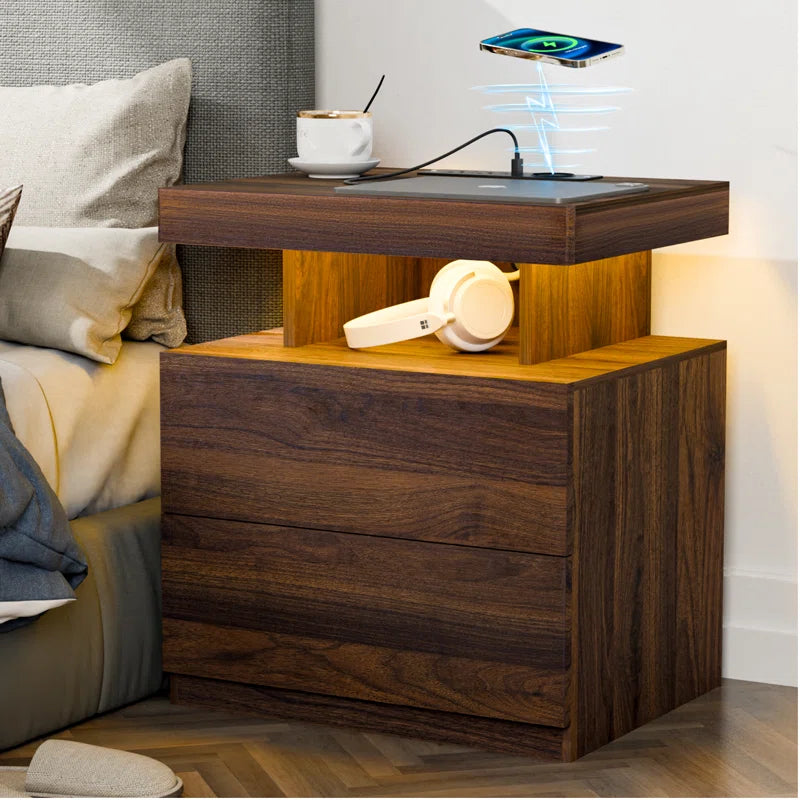 Brenard Manufactured Wood Nightstand with Wireless Charging Station, LED Light and 2 Drawers