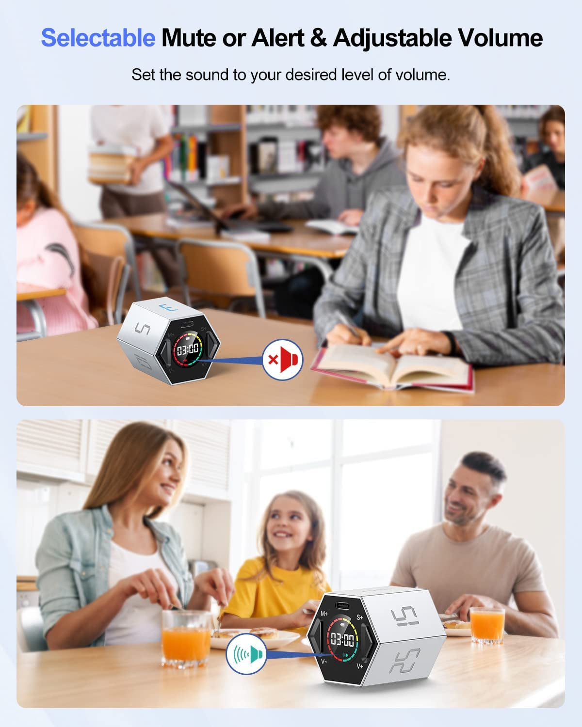 Ticktime Pomodoro Timer Cube, Hexagon Productivity Timer, Pause & Resume, Silent & Adjustable Sound Alert, for ADHD, Task, Work, Study, 3/5/10/15/25/30Min & Custom Countdown - Gray