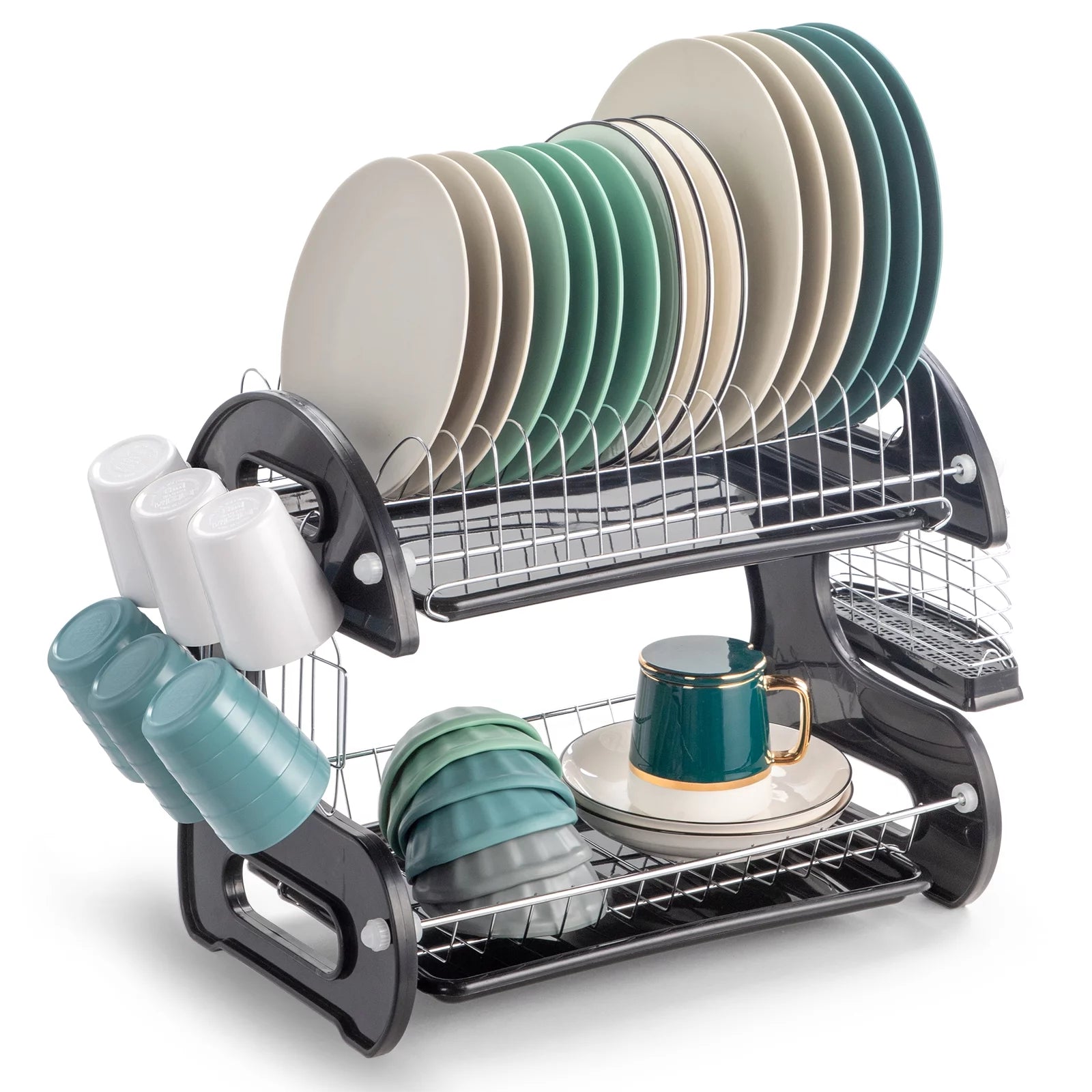 Ktaxon 2-Tier Dish Drainer Drying Rack | Large Capacity Stainless Steel Kitchen Storage with Utensil Holder & Cutting Board Organizer