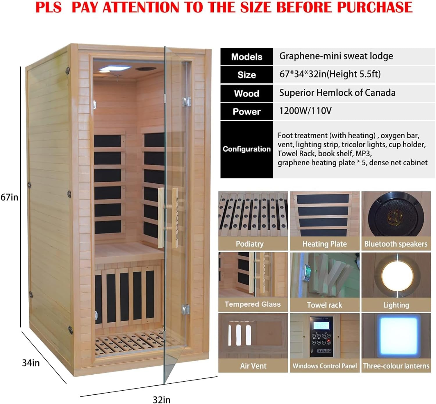 Infrared Home Sauna Room 1 Person Hemlock Wooden Indoor Dry Sauna，1200W/110V Heaters Panels,Lcd Control Panel,10 Minutes Pre-Warm Up,Time and Temp Pre-Set