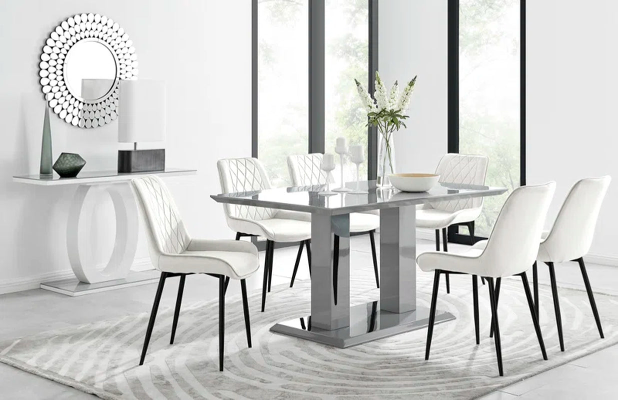 Eubanks High Gloss Double Pillar Dining Table Set with 6 Luxury Velvet Upholstered Dining Chairs