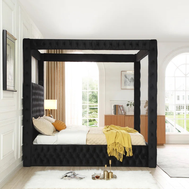 Rosdorf Park Jittender Dream Luxurious Velvet Canopy Bed | Integrated Surround Sound Speakers & USB Ports | Opulent Four-Poster Design for Modern Sophistication