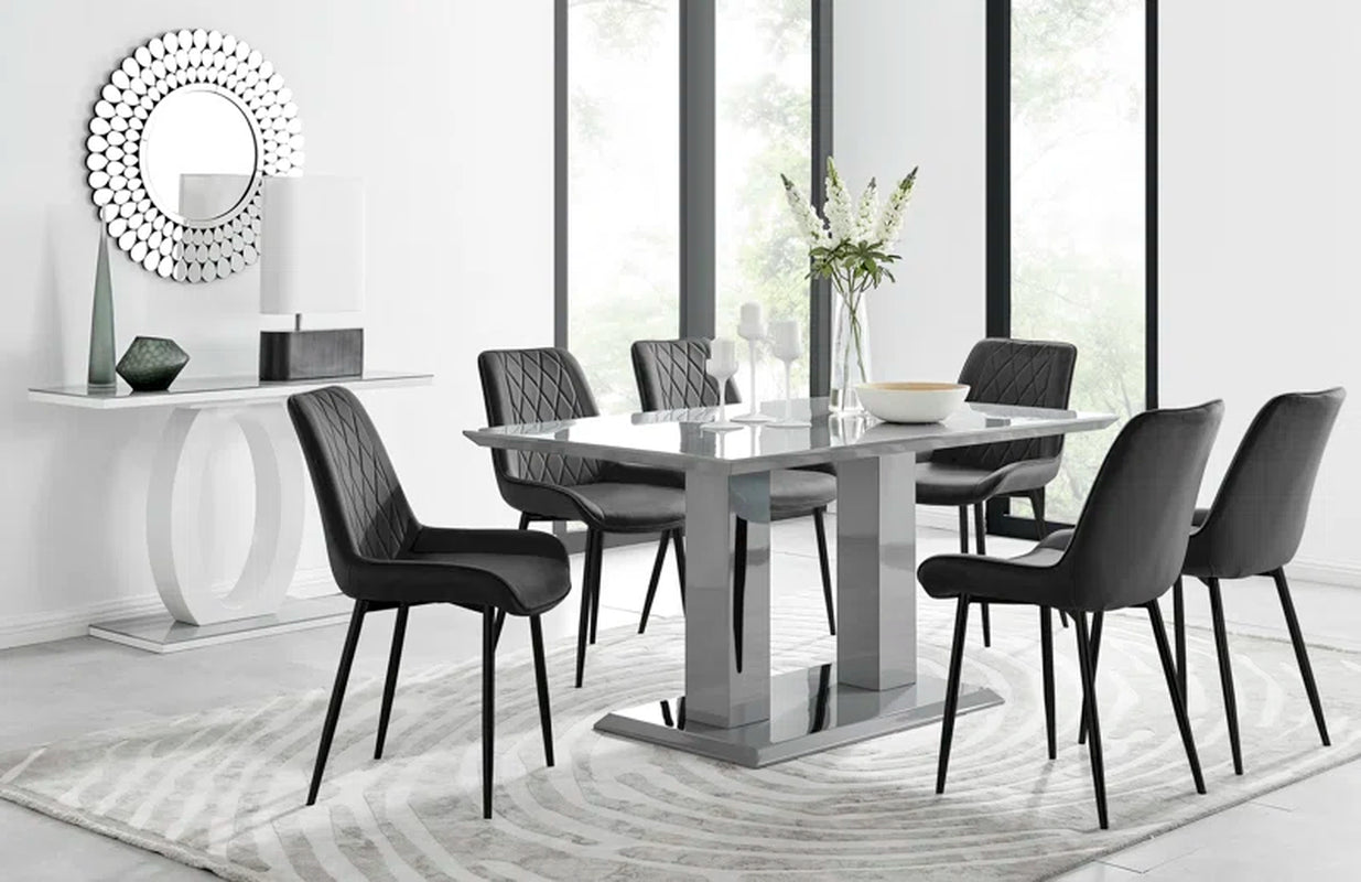 Eubanks High Gloss Double Pillar Dining Table Set with 6 Luxury Velvet Upholstered Dining Chairs