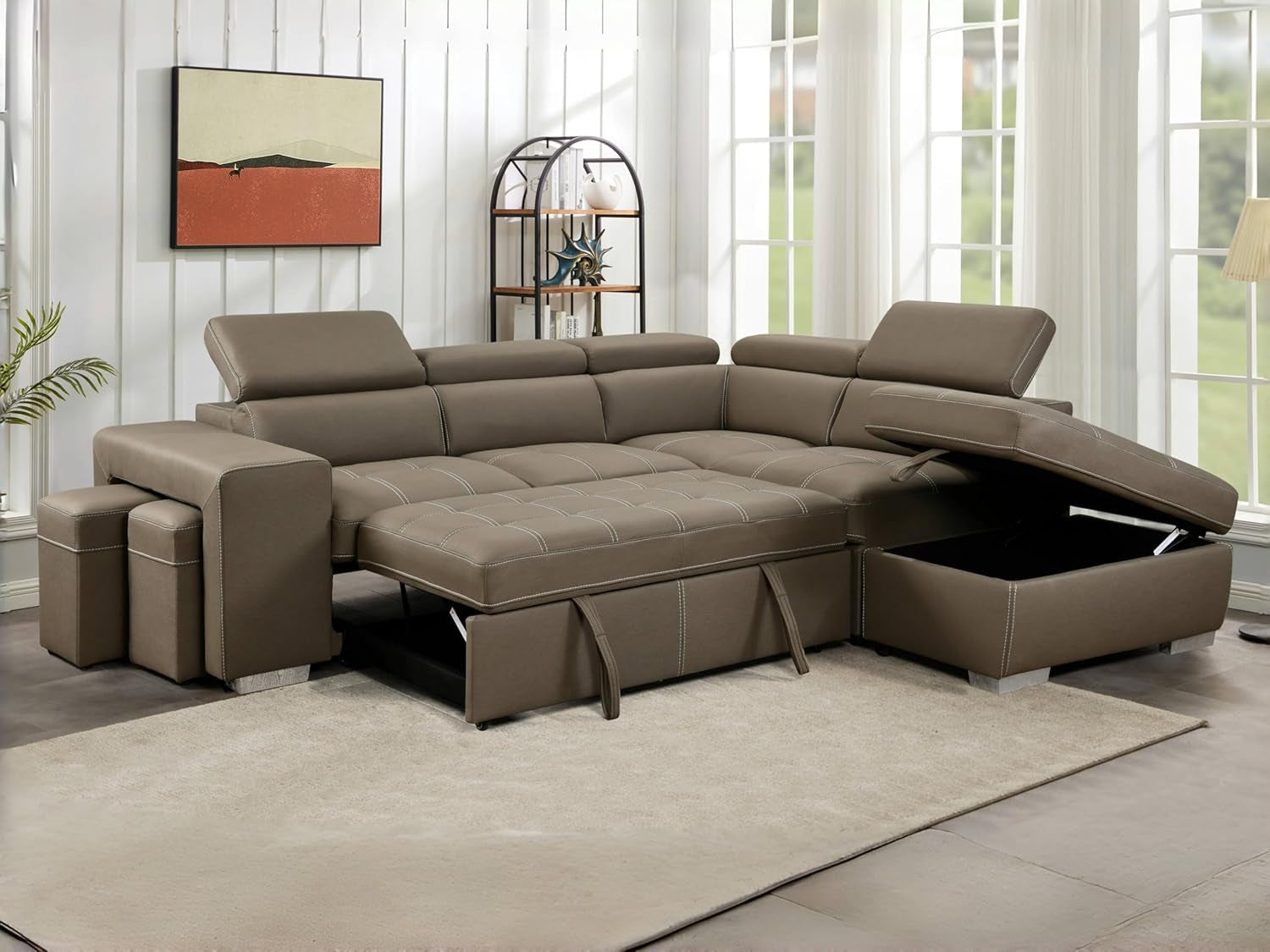 104'' Microfiber Sectional Sleeper Sofa with Pull-Out Bed,Couch with Storage Ottoman & Chaise, 5 Seat L-Shape Sofa with Adjustable Headrest & Two Stools. Light Brown