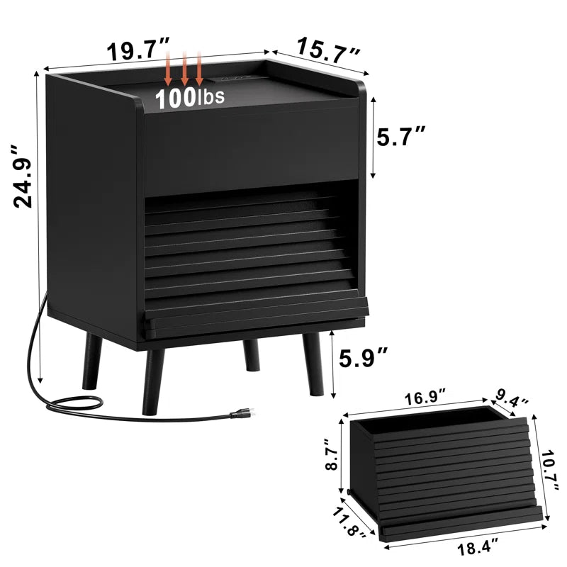 Modern Nightstand with 2 Drawers,Bedside Table with Outlets & LED Lights, File Cabinet with Slanted & Wavy Design