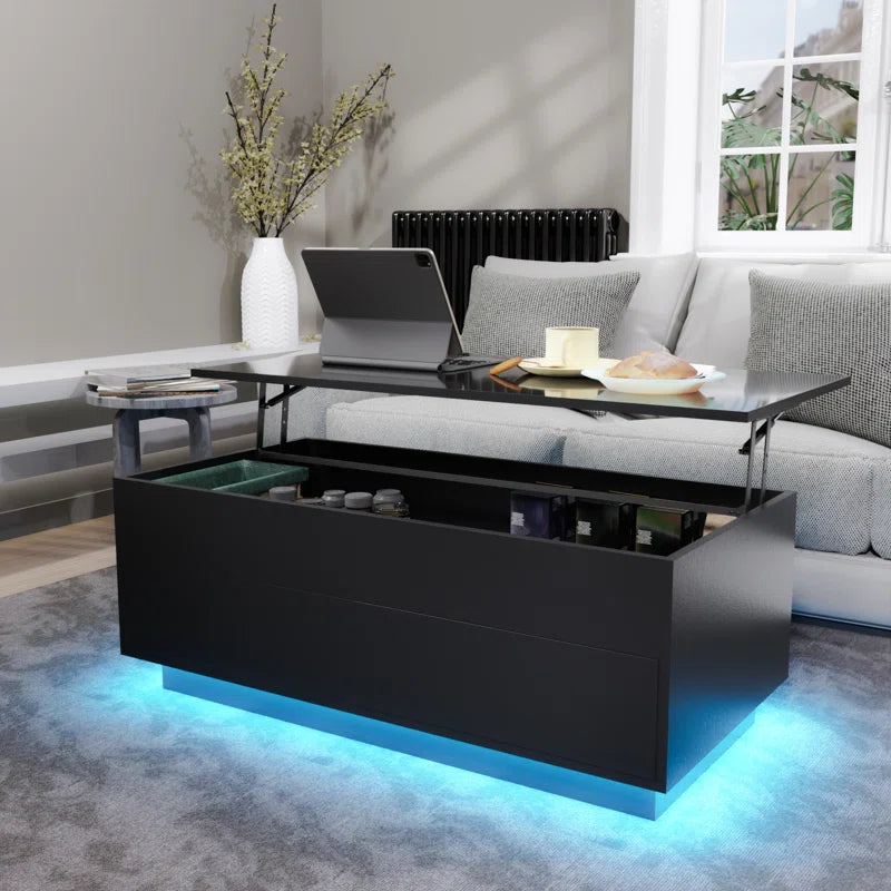 Aviad Lift Top Coffee Table with Multifunctional RGB LED Lights, Hidden Compartment and Drawers