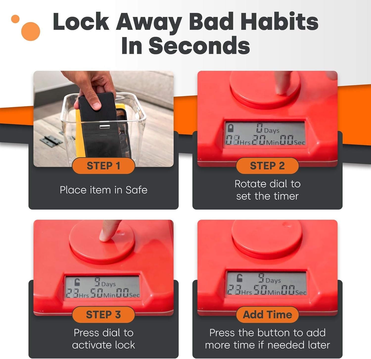 ﻿ Time Locking Container (Medium), Timed Lock Box for Cell Phones, Snacks, and Other Unwanted Temptations (White Lid + 5.5” Clear Base)