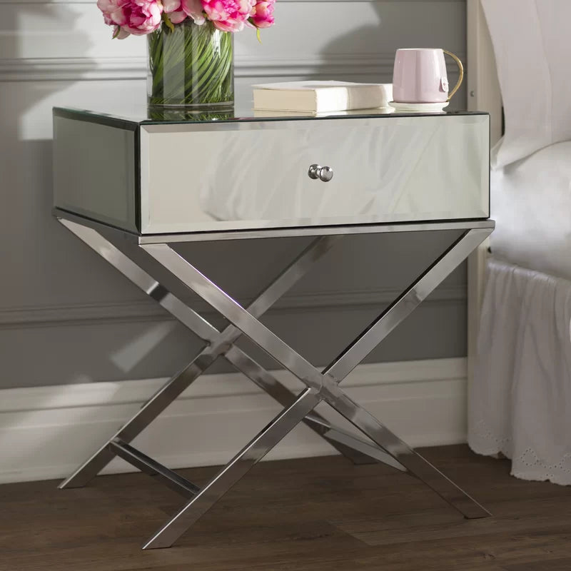 Nyasha Mirrored Glass Top End Table with Storage