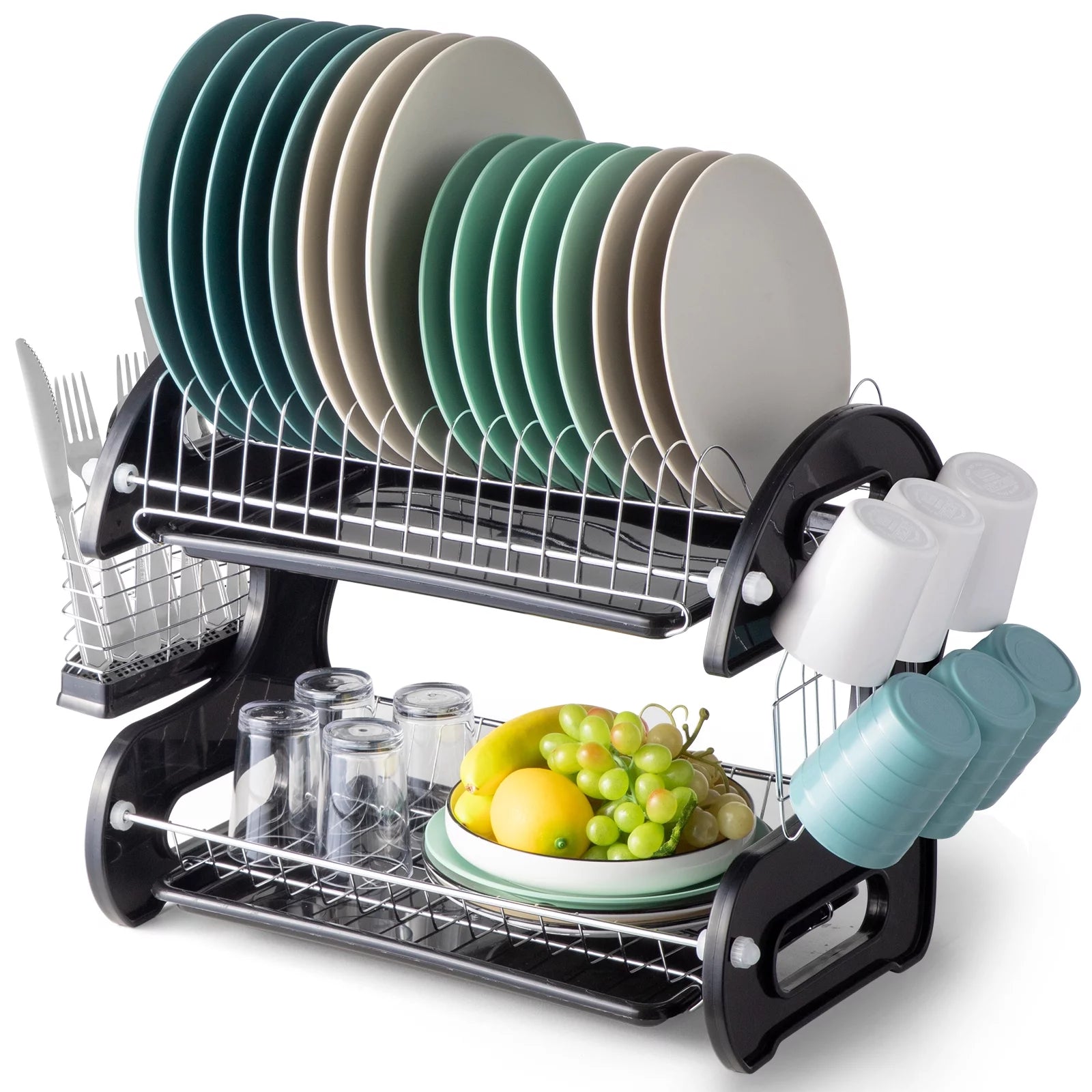 Ktaxon 2-Tier Dish Drainer Drying Rack | Large Capacity Stainless Steel Kitchen Storage with Utensil Holder & Cutting Board Organizer