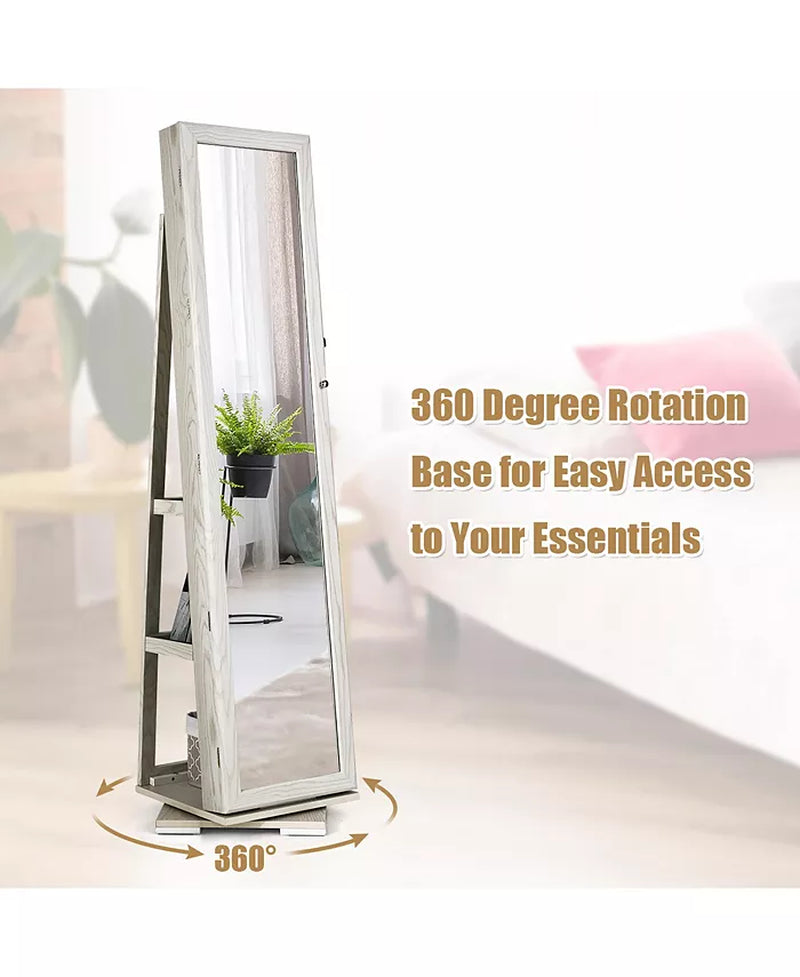 360Degree Rotatable Jewelry Cabinet 2-In-1 Lockable Mirrored Organizer