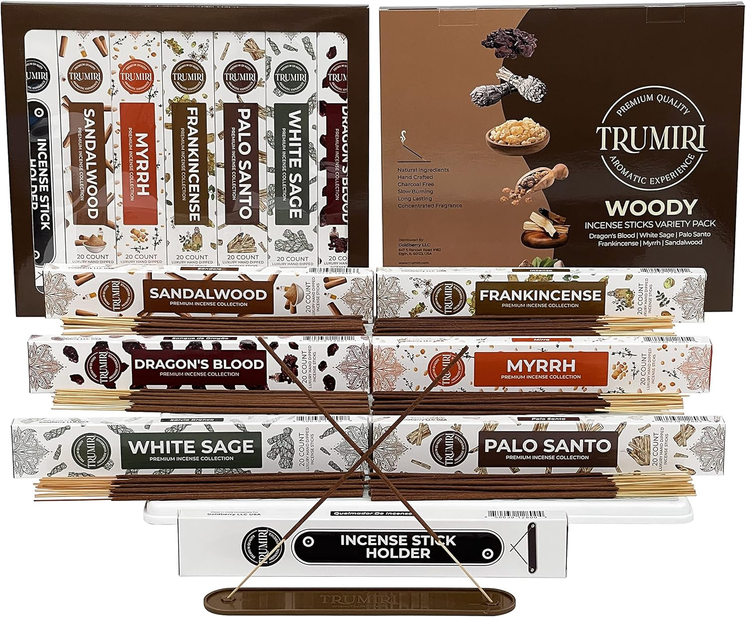 Woody Incense Sticks Variety Pack - 120 Insence-Sticks (6 Incents X 20 Insense) - White Sage Palo Santo Dragons Blood Sandalwood - Natural Inscents-Sticks Non Toxic Cleansing Incienso + Burner Holder