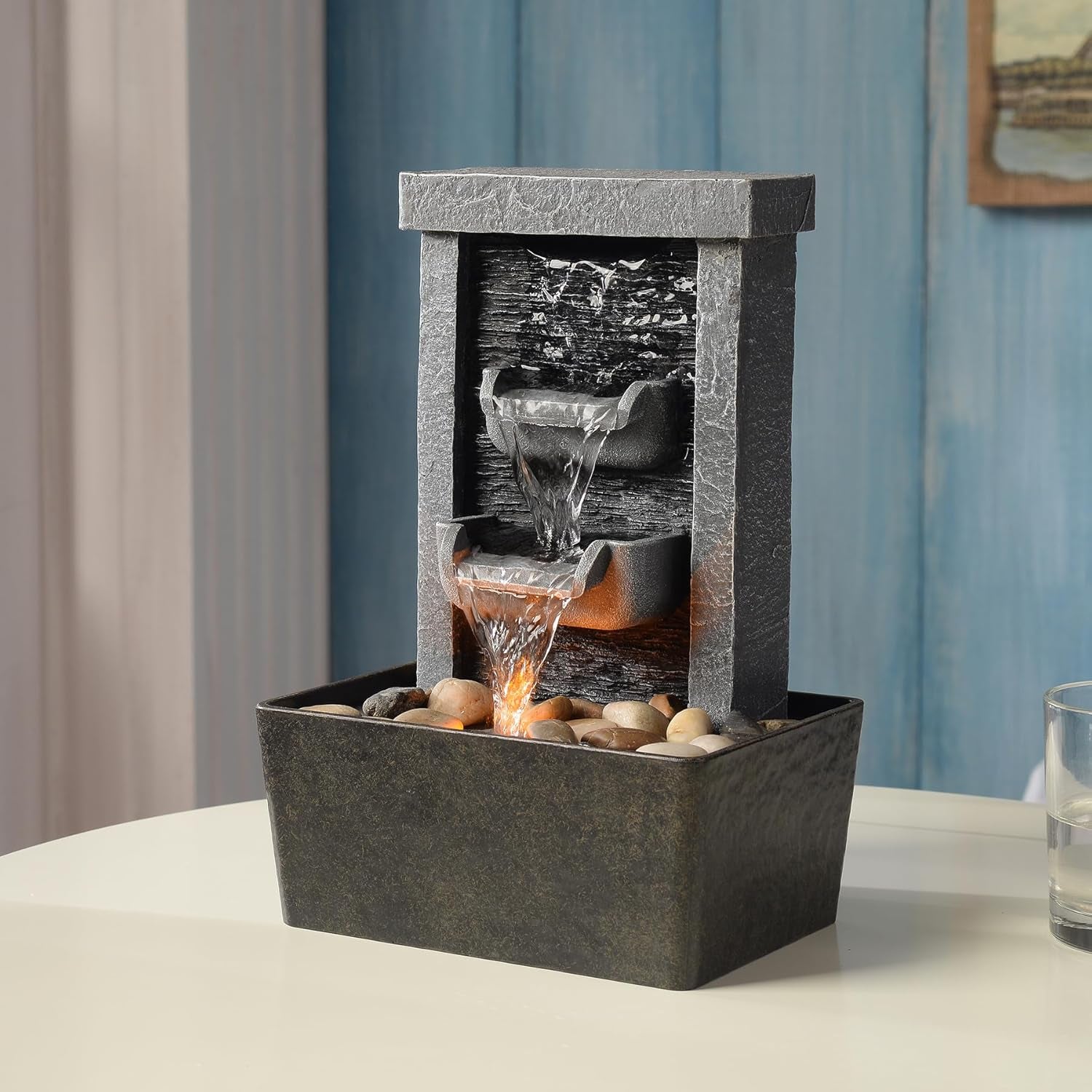 Home Décor 10.3 in Indoor Waterfall Fountain Relaxation High Pressure Water Pumps Tabletop Fountain Nature Feeling Water Fountains with Reflective Lighting/River Rocks Home/Office Decoration