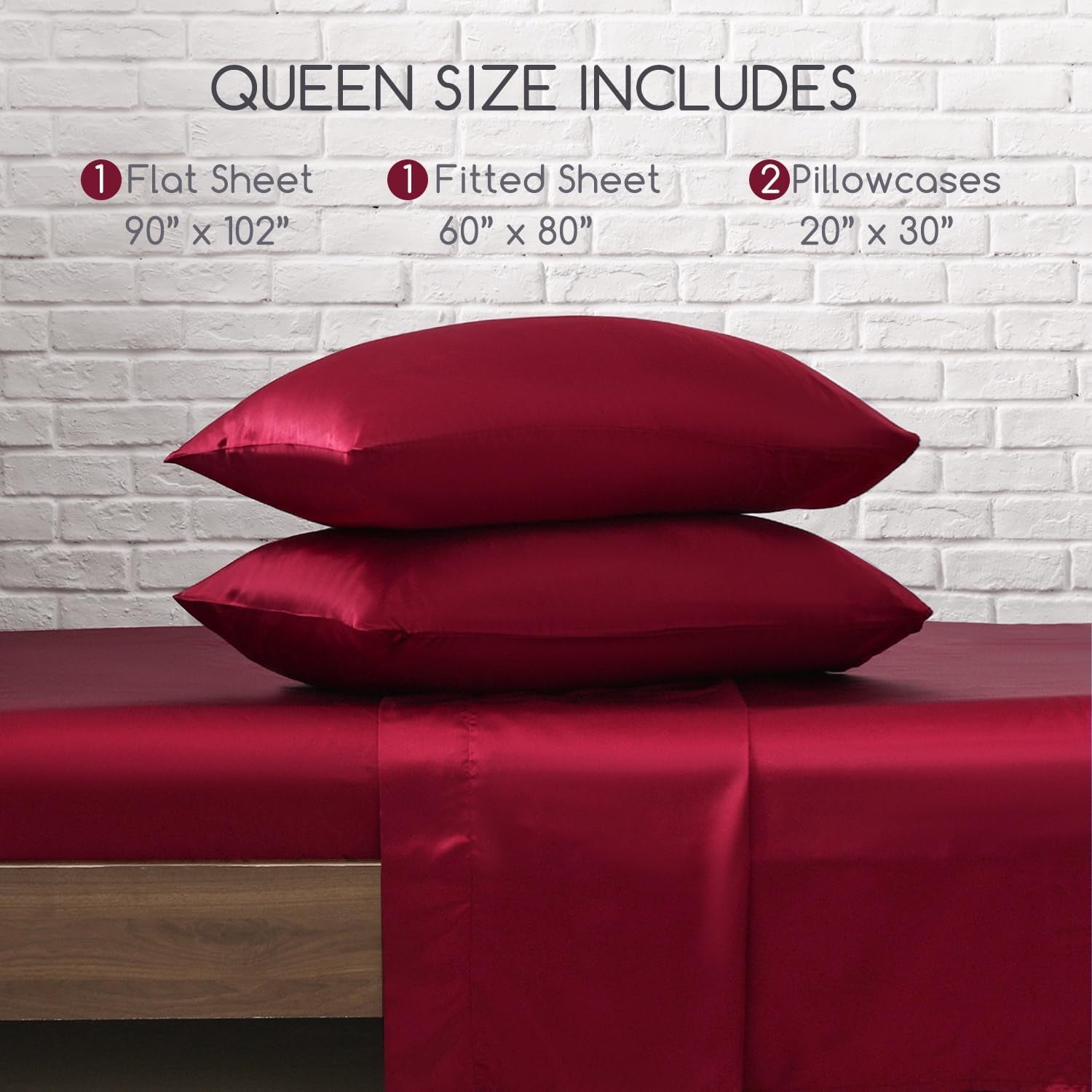 Satin Bed Sheets, Queen Size Sheets Set, 4 Pcs Silky Bedding Set with 15 Inches Deep Pocket for Mattress (Queen, Burgundy)