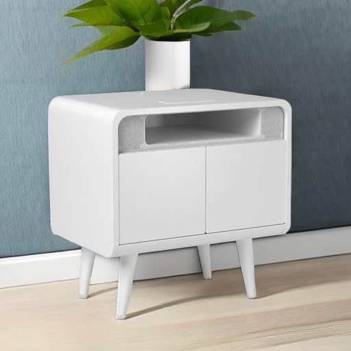 Smart Side/Nightstand Table - with Cooling Drawer, Wireless Charging, Bluetooth Speakers, USB-C and 120V Outlets, LED Light, White/White