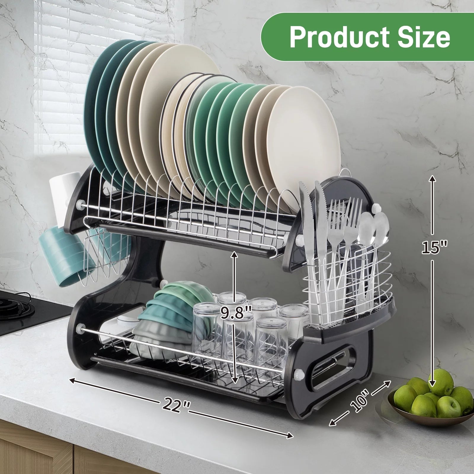 Ktaxon 2-Tier Dish Drainer Drying Rack | Large Capacity Stainless Steel Kitchen Storage with Utensil Holder & Cutting Board Organizer