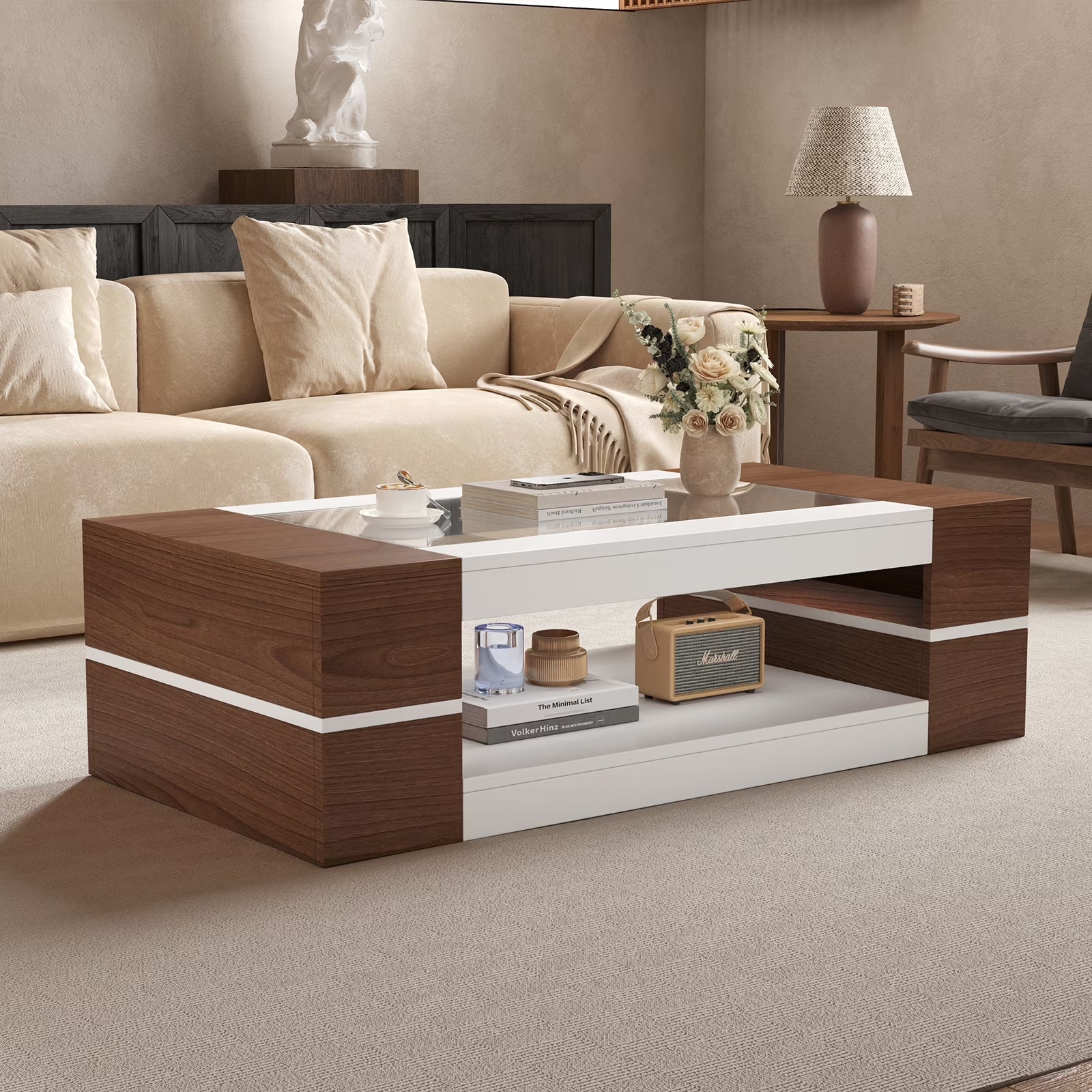 47.2" Modern White Walnut Coffee Table with Glass Top - 2-Tier Storage Design for Living Room, Reception & Dining | Sleek Rectangular Center Table