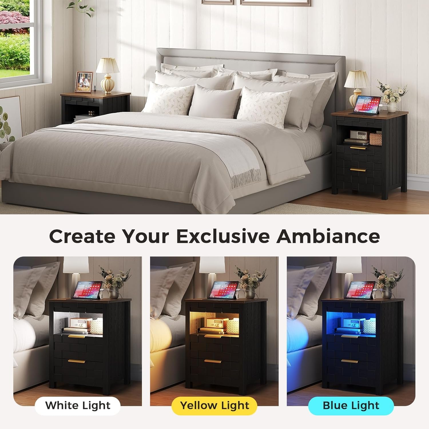 Nightstand with Gun Drawer, Bedside Table with Charging Station and 2 Drawers, Smart Side Table with 3-Color Human Sensor LED Lights for Bedroom, Black