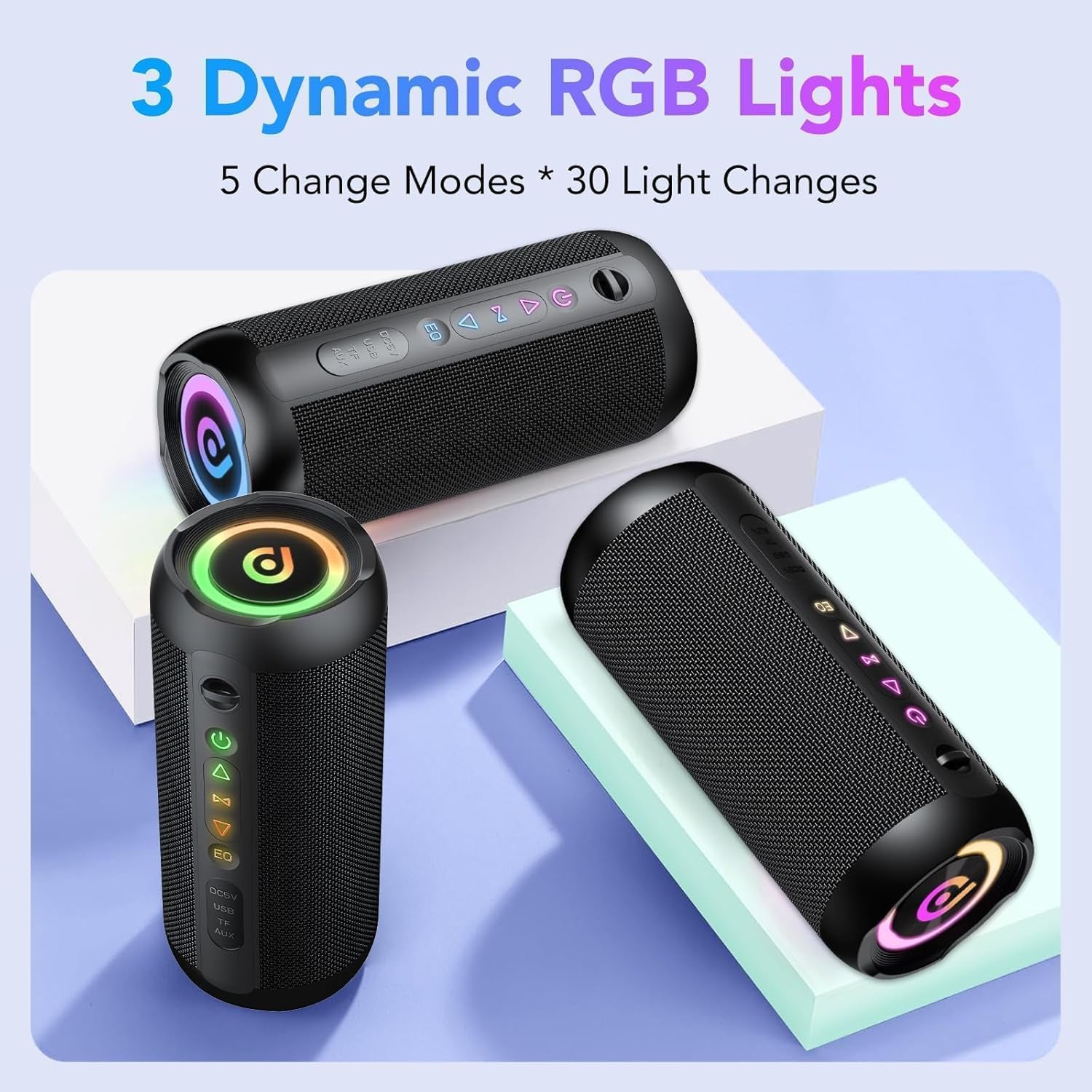 Portable Bluetooth Speaker, Bluetooth 5.4 Speaker, 30W Dual Speaker, Deep Bass, 30H Playtime, 3 EQ Mode, Colorful RGB Lights, IPX7 Waterproof, TWS Pairing for Outdoor/Home/Party/Travel, Gift Ideas