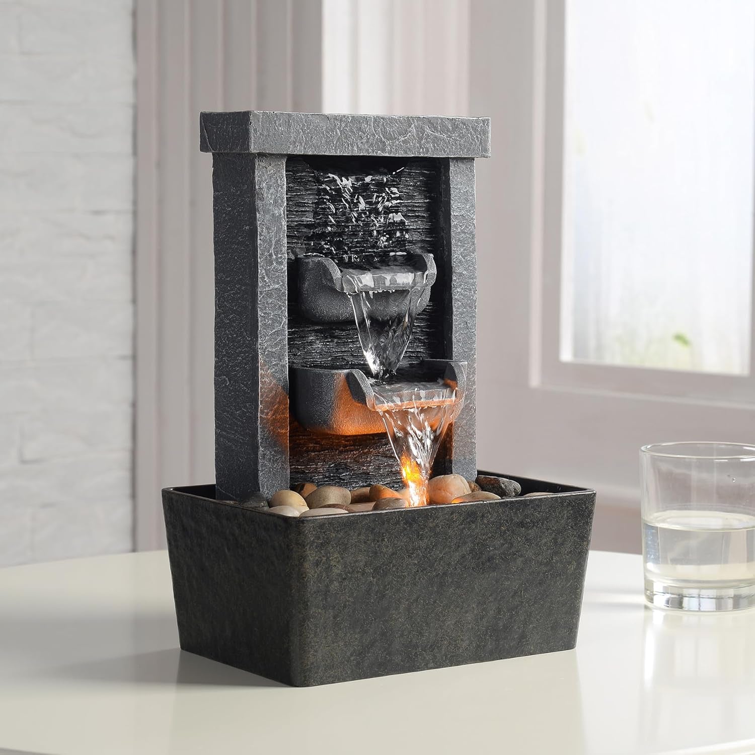 Home Décor 10.3 in Indoor Waterfall Fountain Relaxation High Pressure Water Pumps Tabletop Fountain Nature Feeling Water Fountains with Reflective Lighting/River Rocks Home/Office Decoration