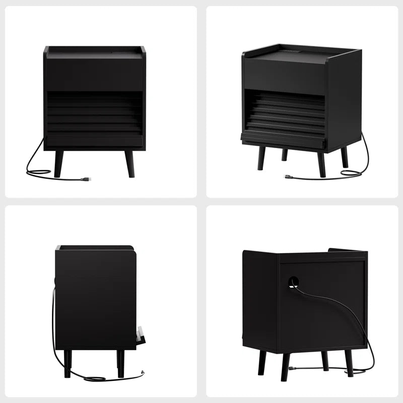 Modern Nightstand with 2 Drawers,Bedside Table with Outlets & LED Lights, File Cabinet with Slanted & Wavy Design