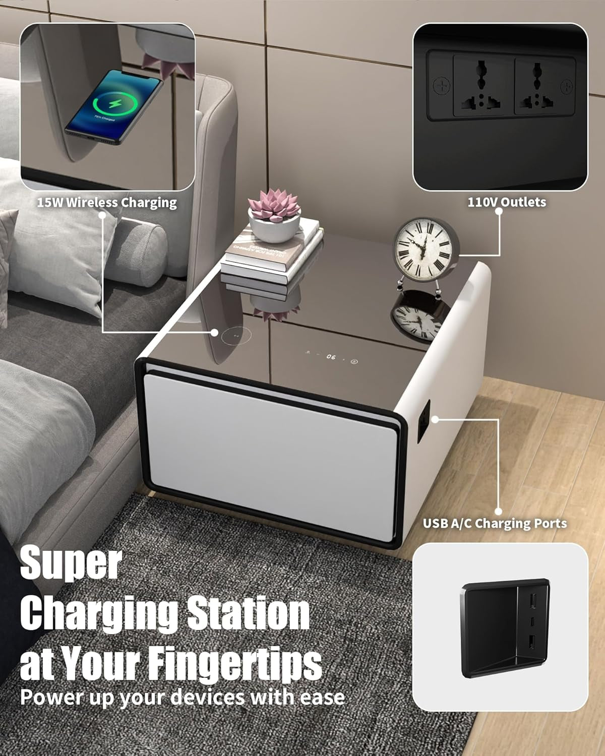 Smart Side Table, Nightstand with Built in Fridge, 27.8" D X 26.5" W X 18.1" H, Mini Coffee Table with 15W Wireless Charging, Modern End Table with USB Chargers and Outlets (White)