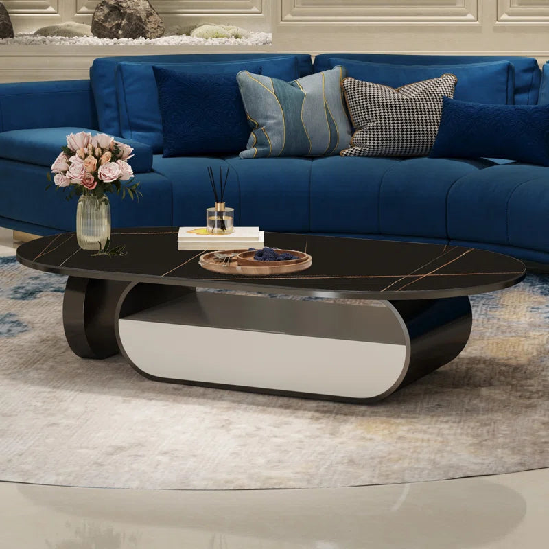 Luxury Oval Faux Marble Coffee Table with Hidden Storage Drawer | Elegant Design for Modern Living Spaces