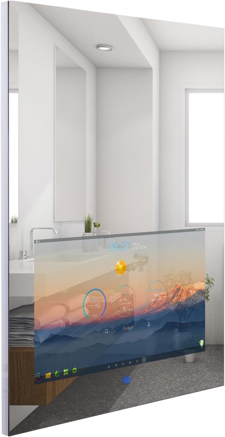 Bathroom Vanity Mirror with 21.5" Full Touch Screen Smart Android 11 TV, 24X32 Inch LED Smart Mirror, Streaming Media Player/Music/Bluetooth Wi-Fi /3 Colors Lights Vertical Wall Mounted