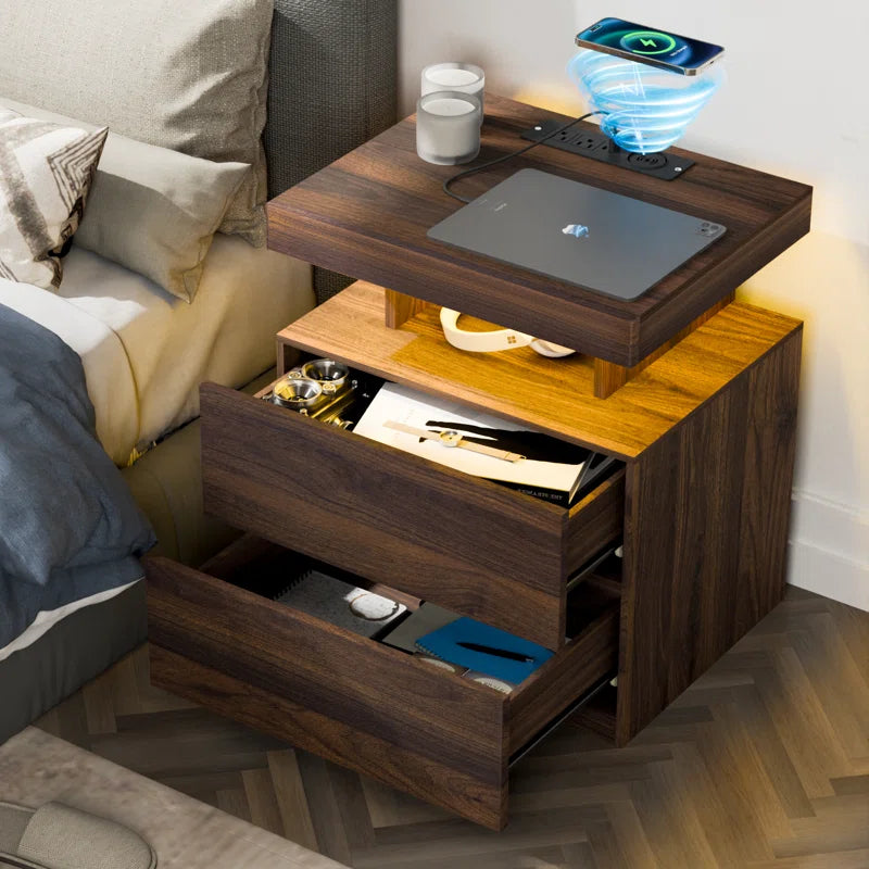 Modern Smart Nightstand with Wireless Charging, LED Lighting & Dual Storage Drawers – Perfect for Tech-Savvy Home Decor Enthusiasts