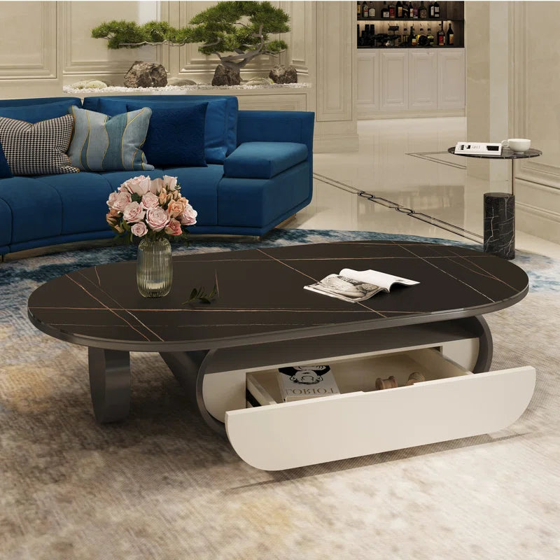 Luxury Oval Faux Marble Coffee Table with Hidden Storage Drawer | Elegant Design for Modern Living Spaces