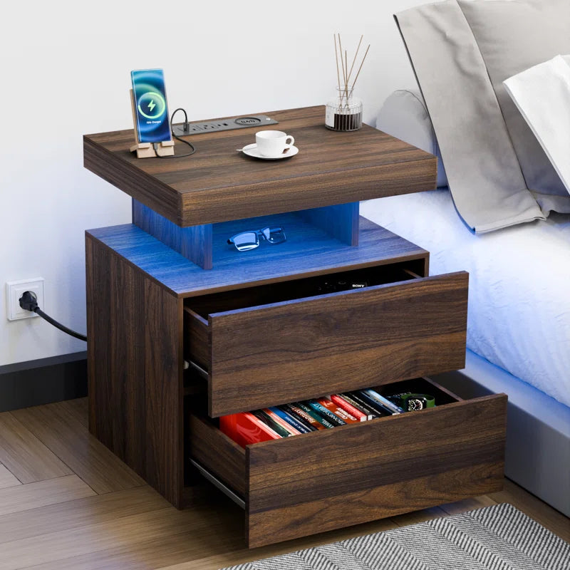 Modern Smart Nightstand with Wireless Charging, LED Lighting & Dual Storage Drawers – Perfect for Tech-Savvy Home Decor Enthusiasts