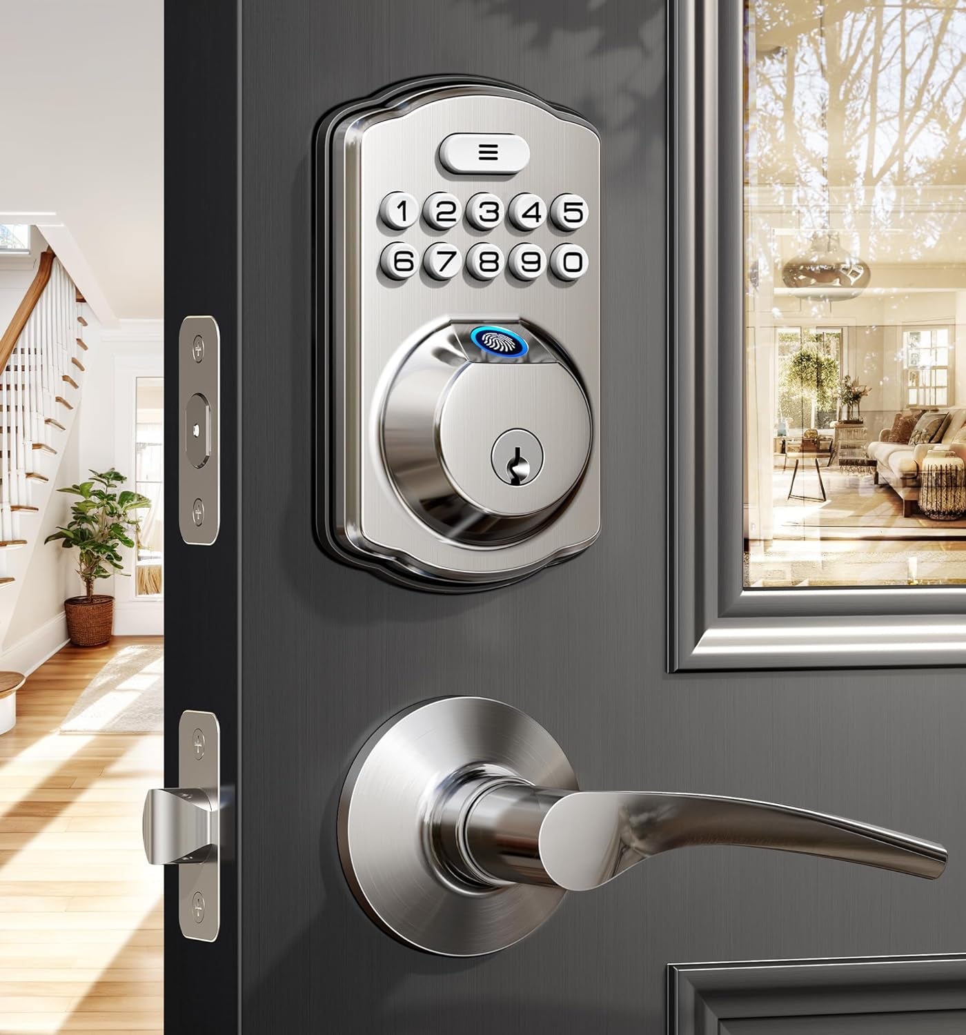 Fingerprint Door Lock with 2 Lever Handles - Keyless Entry Door Lock, Electronic Keypad Deadbolt & Front Door Lock Handle Sets, Auto Lock, Easy Installation, Satin Nickel