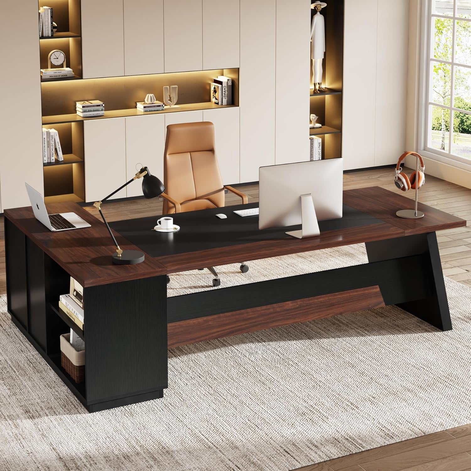 78" L-Shaped Executive Desk, Large Office Desk with Drawers and Lateral File Cabinet, Business Furniture with Storage Shelves, Modern Computer Desk for Home Office, Walnut & Black