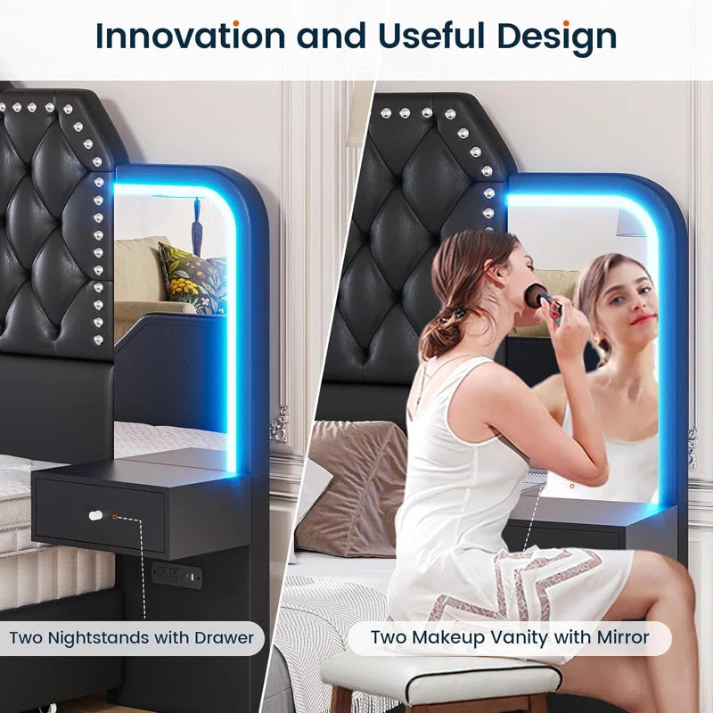 Karlton Bed with 4 Storage Drawers，Led Tall Platform Bed Frame