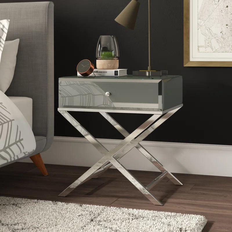 Nyasha Mirrored Glass Top End Table with Storage