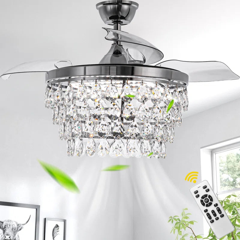 42" Luxury Retractable Ceiling Fan with Remote and Lights, Crystal Chandelier Ceiling Fan