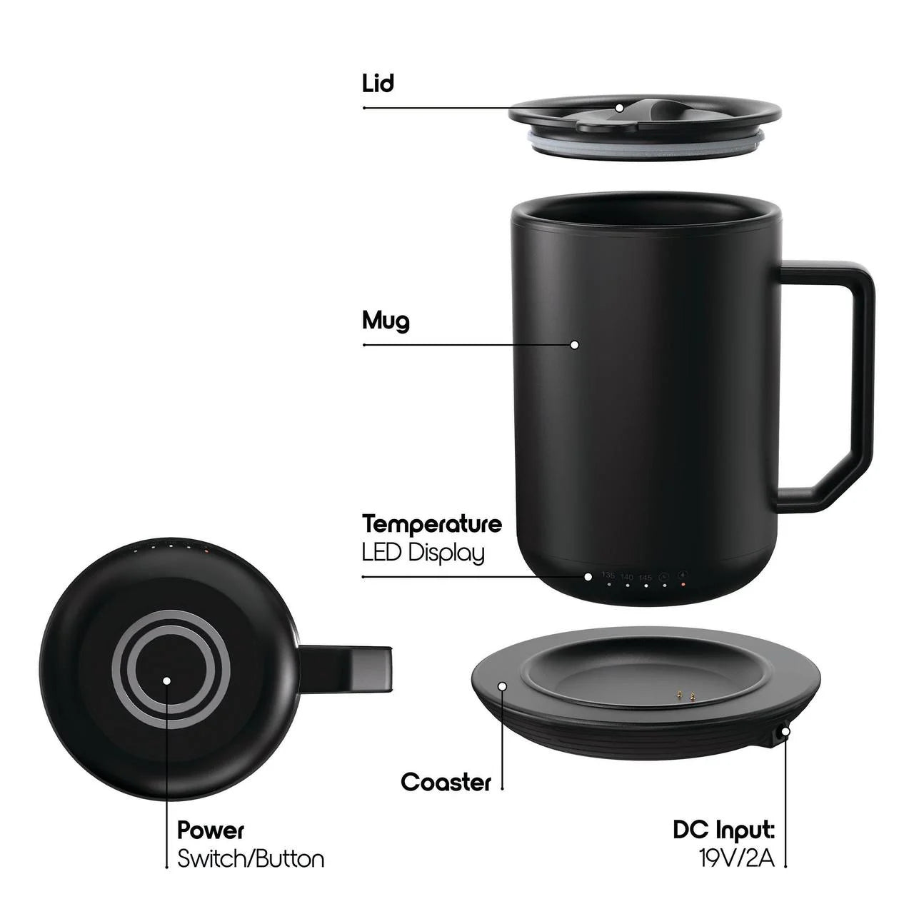 & Charging Coaster, 12Oz. Stainless Steel Self Heating Coffee Mug with Lid, 3.5" X 3.5" X 5"