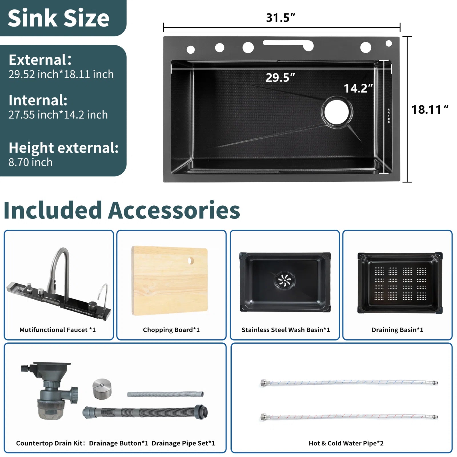 29.52" L X 18.11'' W Undermount Kitchen Sink with 2 Faucet Holes