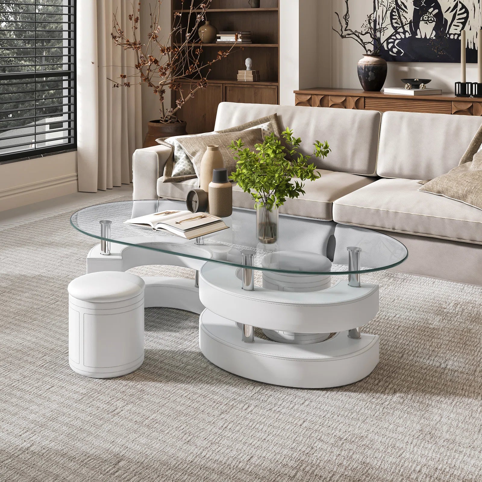 3-Piece Coffee Table Set | Elegant Oval Tempered Glass Table with 2 Leather Stools | Stylish, Space-Saving Design for Modern Living Rooms