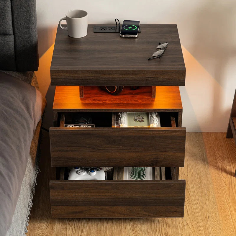 Modern Smart Nightstand with Wireless Charging, LED Lighting & Dual Storage Drawers – Perfect for Tech-Savvy Home Decor Enthusiasts