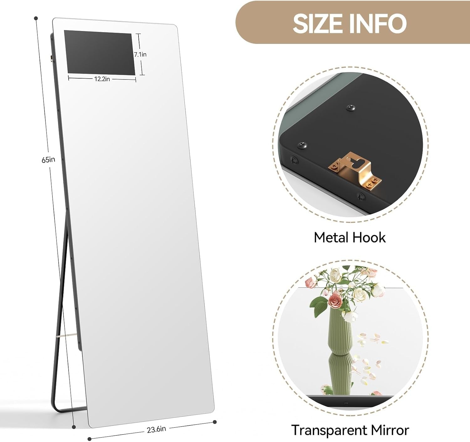 Large Fitness Gym Mirror for Home, 65"X23.6" Smart Workout Mirror for Exercise, Built-In 14" Screen Support Screen Projection, HD Floor Full Length Trainer for Yoga, Dance Studio & Garage