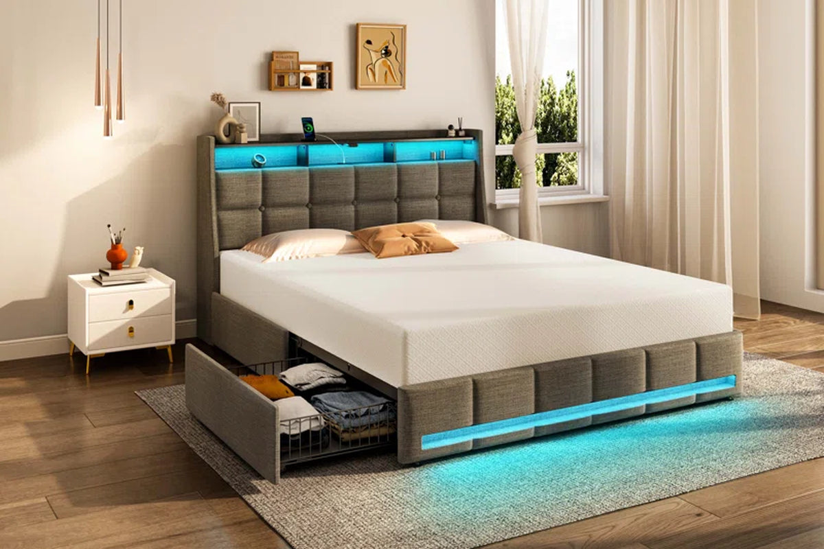 Dyane Upholstered Bed Full Bed Frame with Charging Station and LED Lights