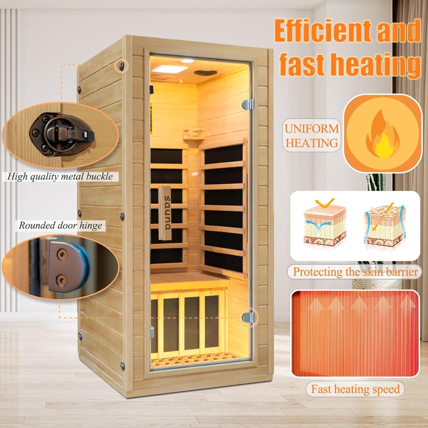 Infrared Home Sauna Room 1 Person Hemlock Wooden Indoor Dry Sauna，1200W/110V Heaters Panels,Lcd Control Panel,10 Minutes Pre-Warm Up,Time and Temp Pre-Set