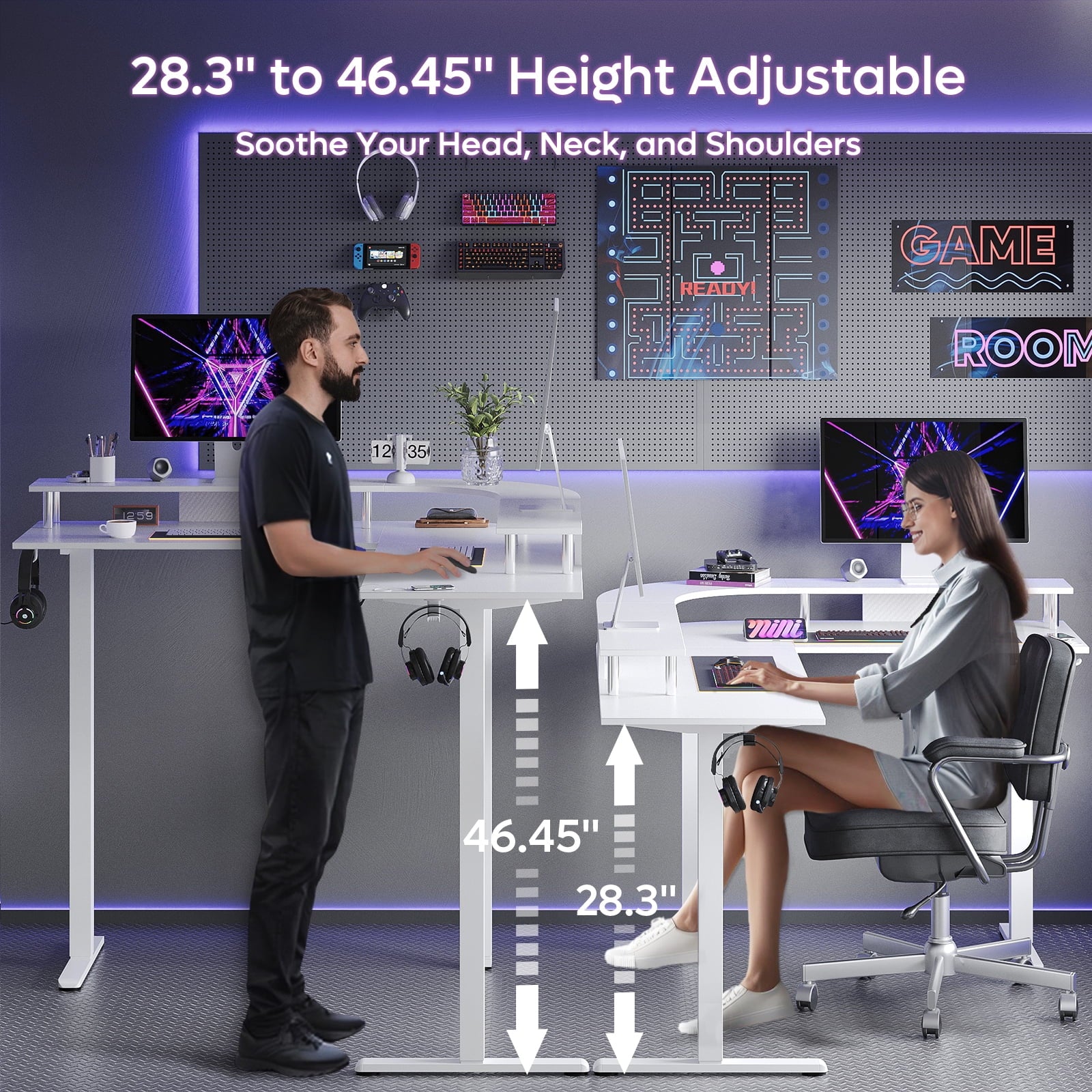 Standing Desk with Monitor Shelf L-Shaped Height Adjustable Electric Stand up Desk 63" X 55" in White