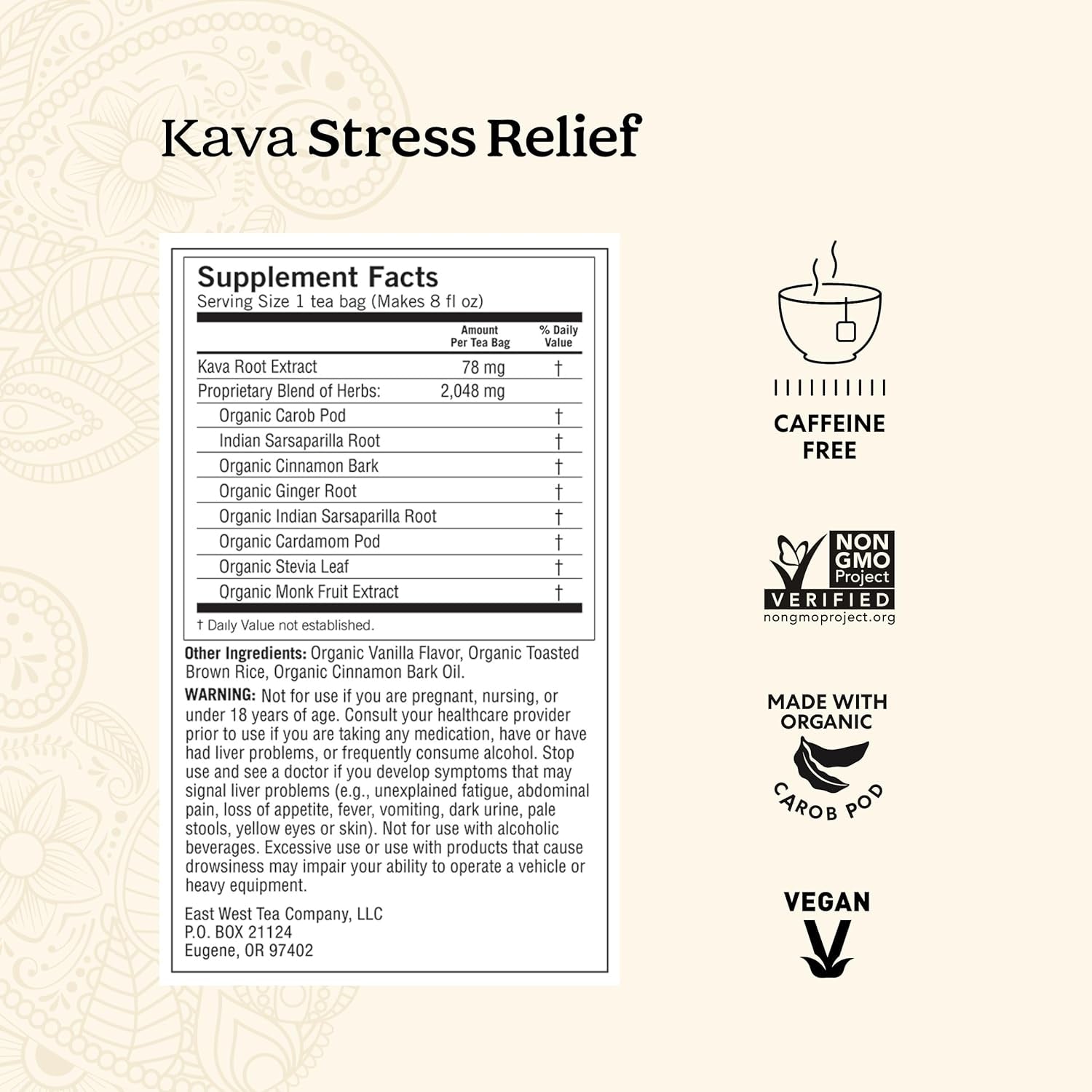 Tea Kava Stress Relief Tea - 16 Tea Bags per Pack (4 Packs) - Made with Organic, Caffeine-Free Relaxing Tea - Includes Carob Pod, Indian Sarsaparilla Root, Cinnamon Bark, Ginger Root & More
