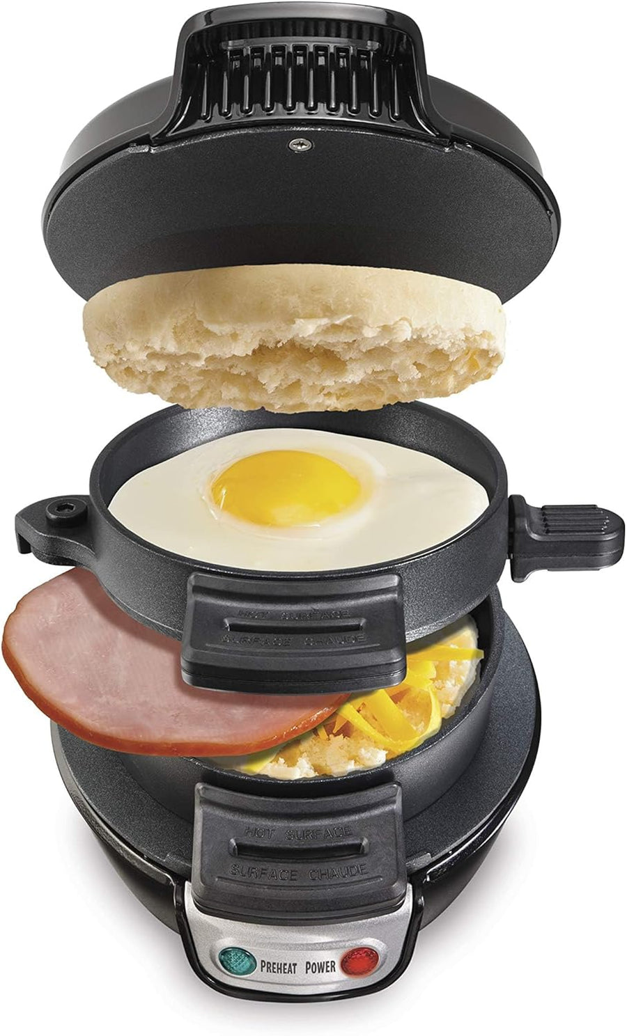 Breakfast Sandwich Maker with Egg Cooker Ring, Customize Ingredients, Perfect for English Muffins, Croissants, Mini Waffles, Perfect White Elephant Gifts, Black (25477)