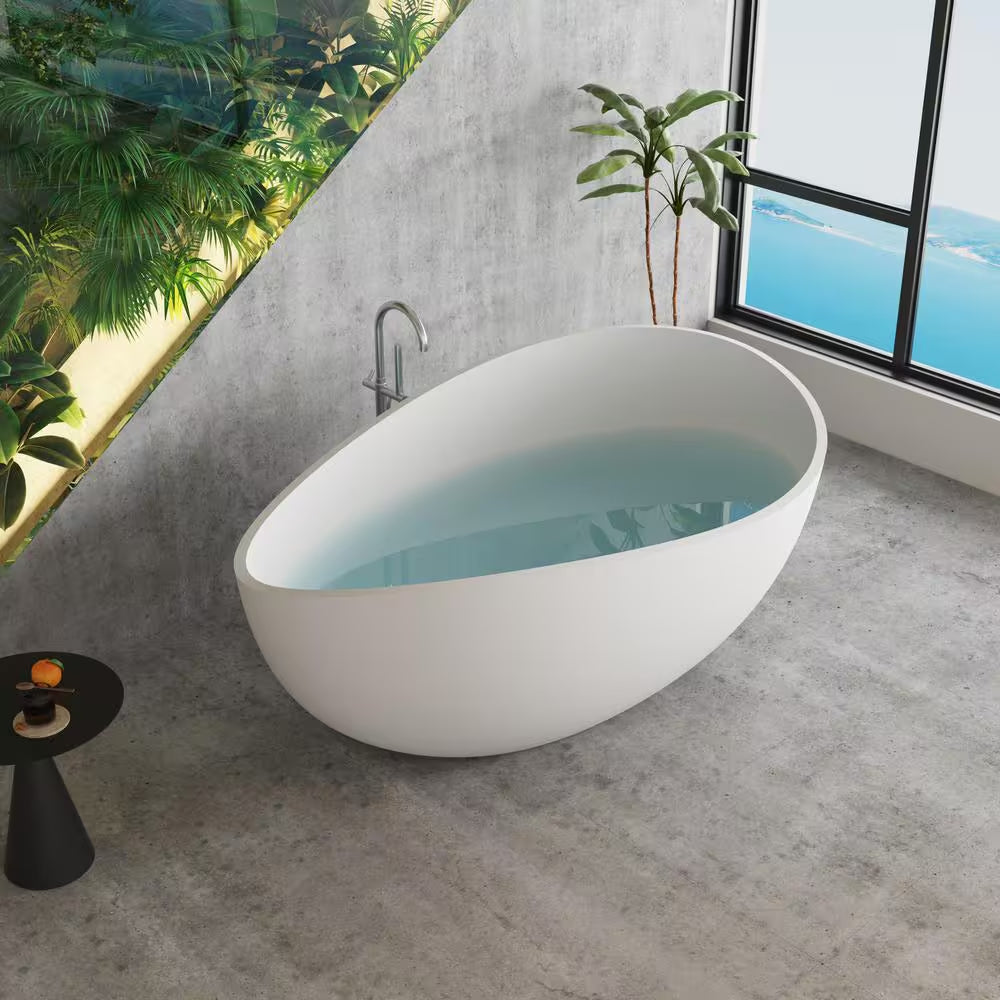 Moray 63 In. X 37 In. Solid Surface Stone Resin Flatbottom Freestanding Double Slipper Soaking Bathtub in Matte White