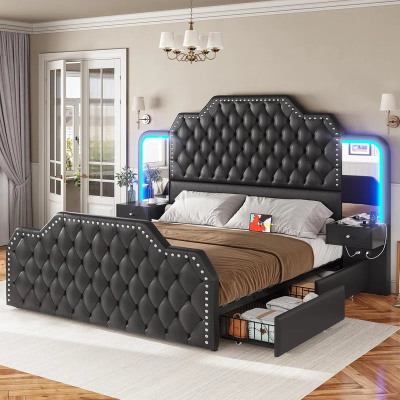 Karlton Bed with 4 Storage Drawers，Led Tall Platform Bed Frame