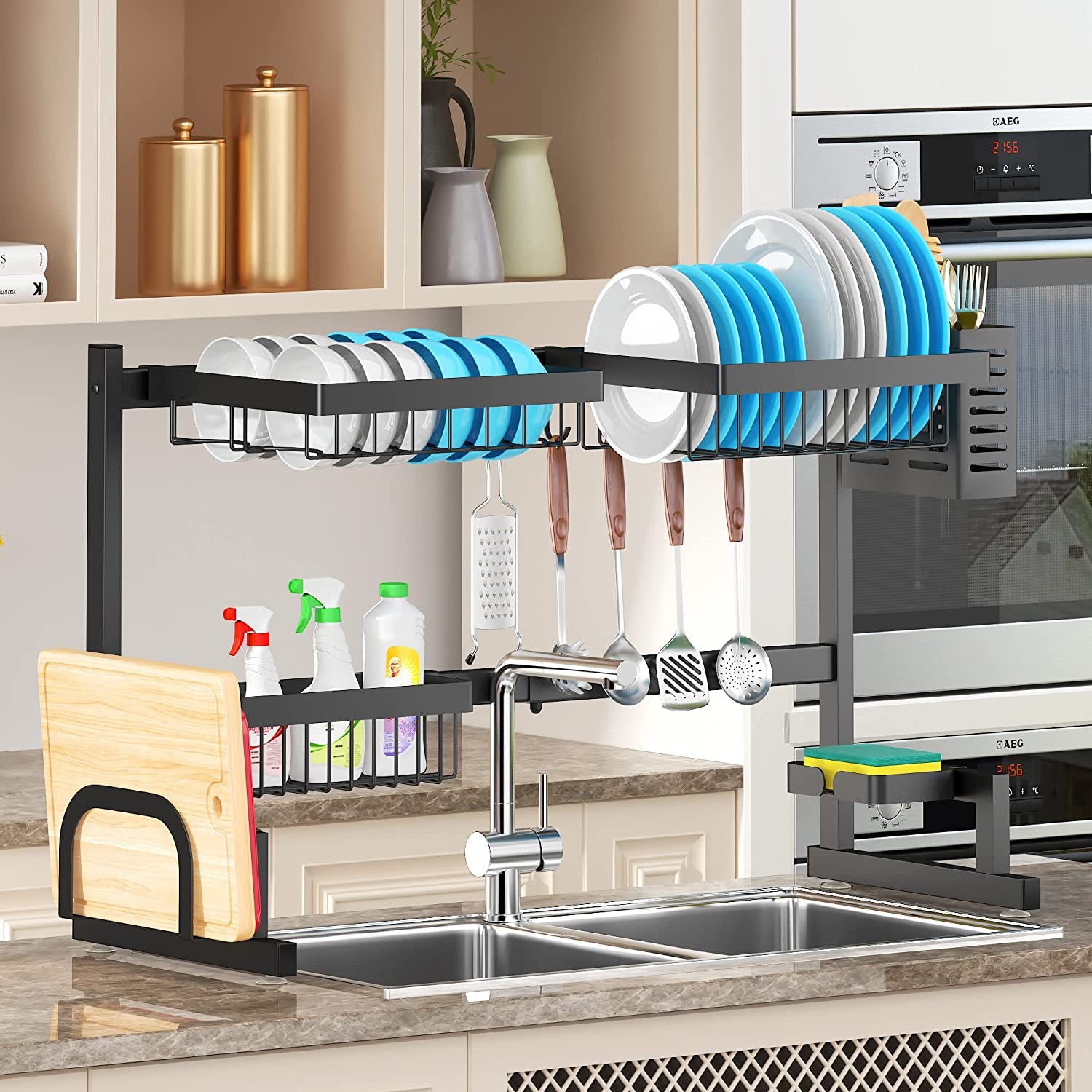 Adjustable Over Sink Dish Drying Rack with 2 Tiers - Stainless Steel Kitchen Counter Organizer