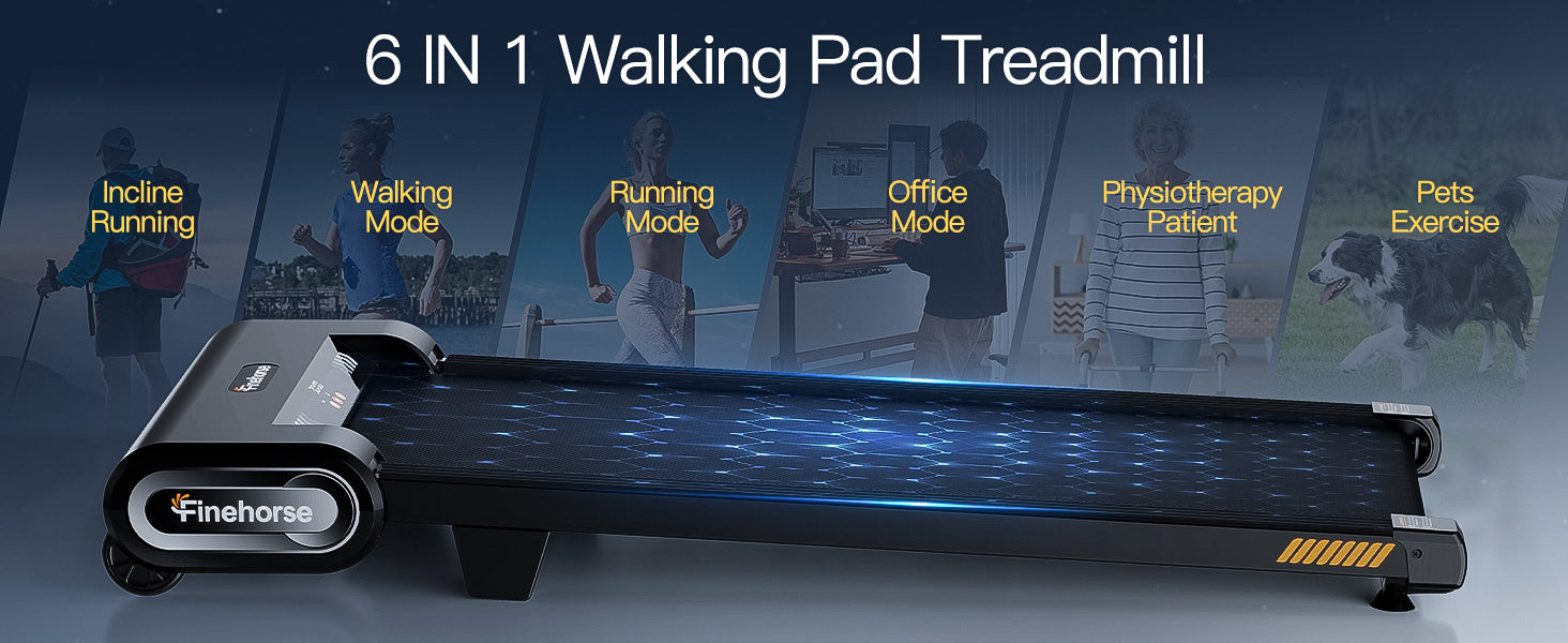 Up Pad FINEHORSE 6-in-1 Under Desk Walking Pad Treadmill with Incline – 2.5HP Portable Office & Home Treadmill with 6-Level Incline, LED Display, Remote Control, and 330lbs Capacity