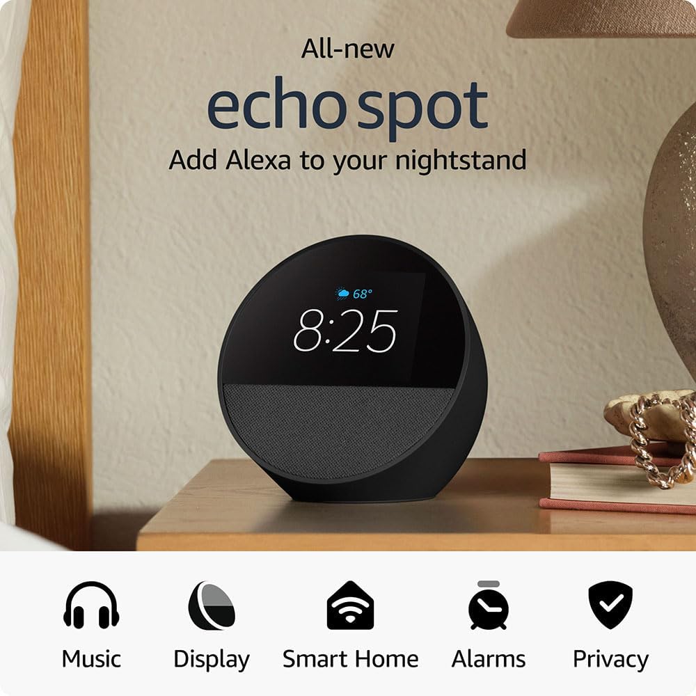 Echo Spot Smart Alarm Clock Display with USB Charging Bundle – Compact Alexa-Enabled Smart Speaker & Display for Home, Office, and On-the-Go Convenience